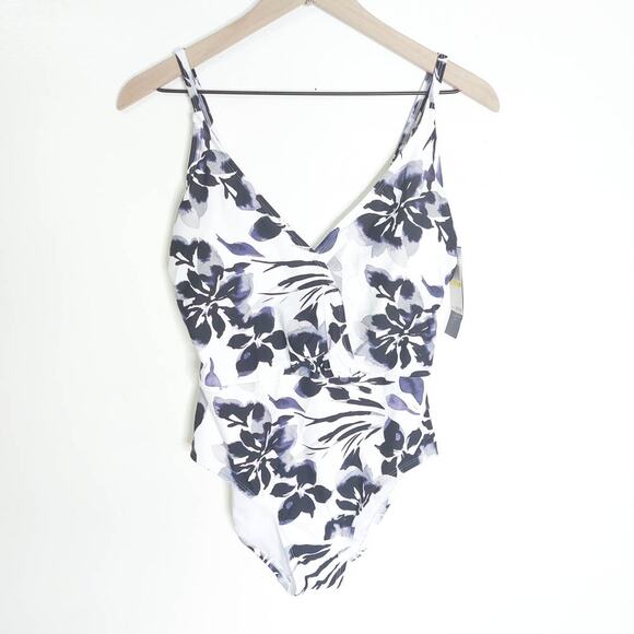 Aqua Couture NWT One Piece Black White Floral Wrap Swimsuit Medium - Picture 1 of 7